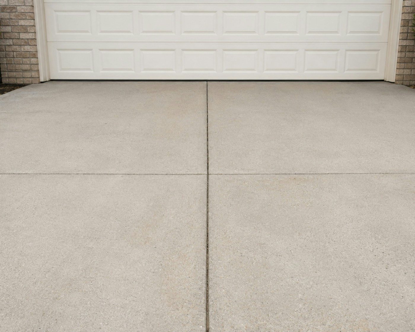 Plain concrete driveway in front of a garage door