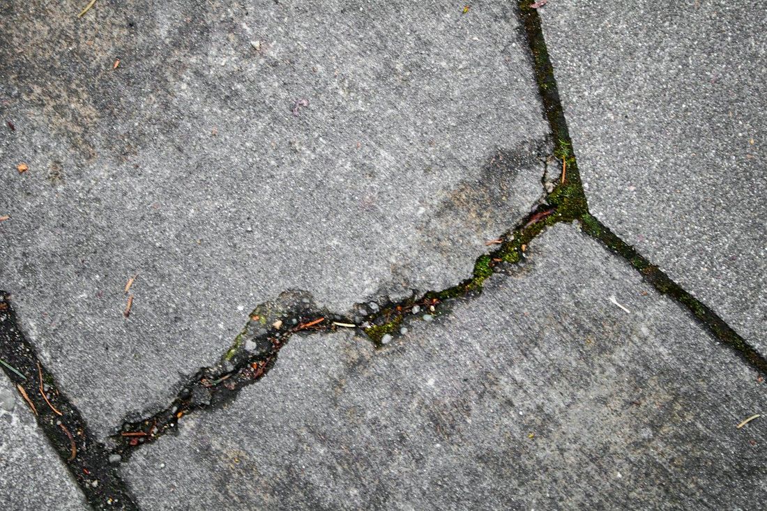 Cracked concrete slab with weeds