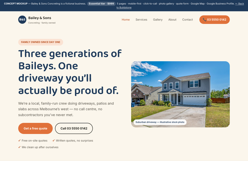 Bailey & Sons Concreting concept site — warm, family-run suburban concreter