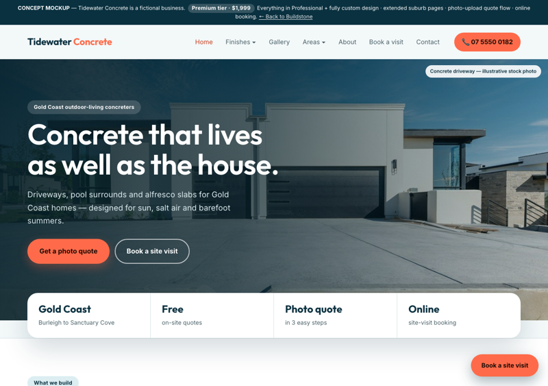 Tidewater Concrete concept site — Gold Coast outdoor-living concreter